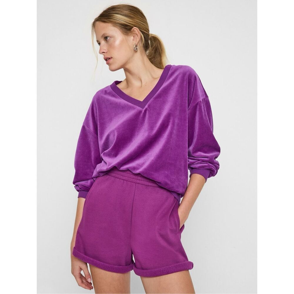 Womens Gap Holiday Velour Crushed Velvet Shock Fuscia V Neck Long Sleeve Top XL